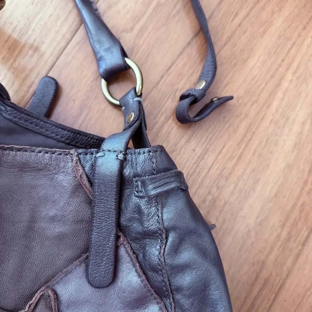 Lucky Brand Leather Suede Patch Silver Pewter Bronze Brown Shoulder Bag Hobo